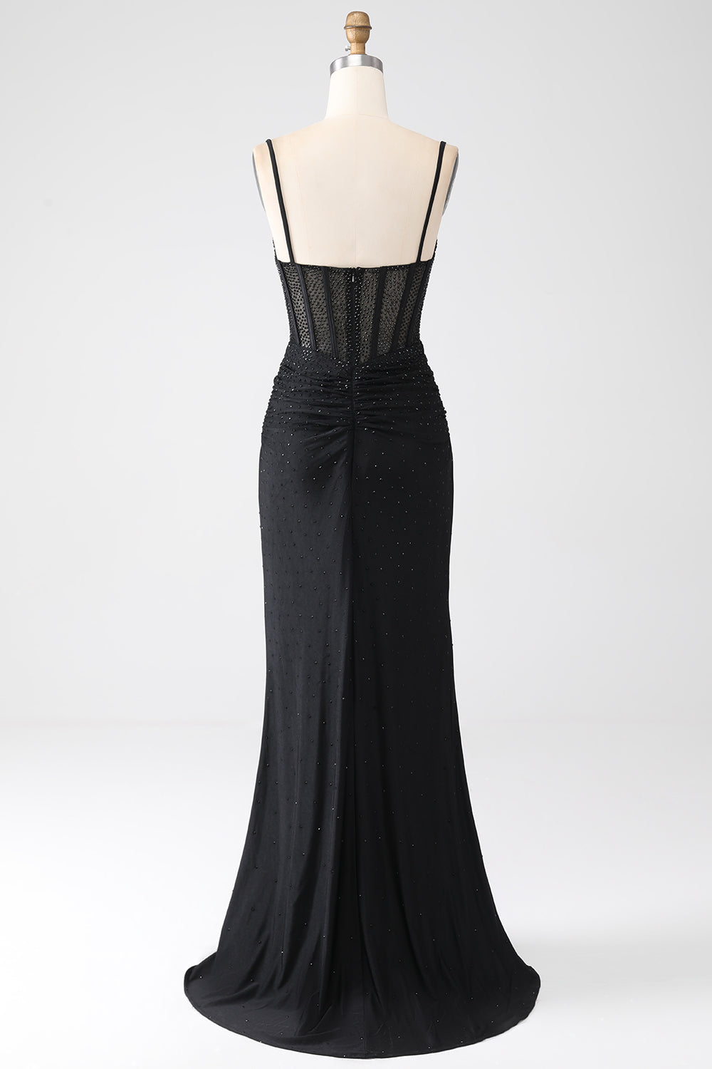Luolandi Mermaid Spaghetti Straps Pleated Long Black Prom Dress with Beading Sexy Evening Dresses